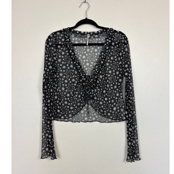 Free People Marne Tie Front Ruffle Long Sleeve Mesh Blouse in Star Print Medium - Picture 2 of 6
